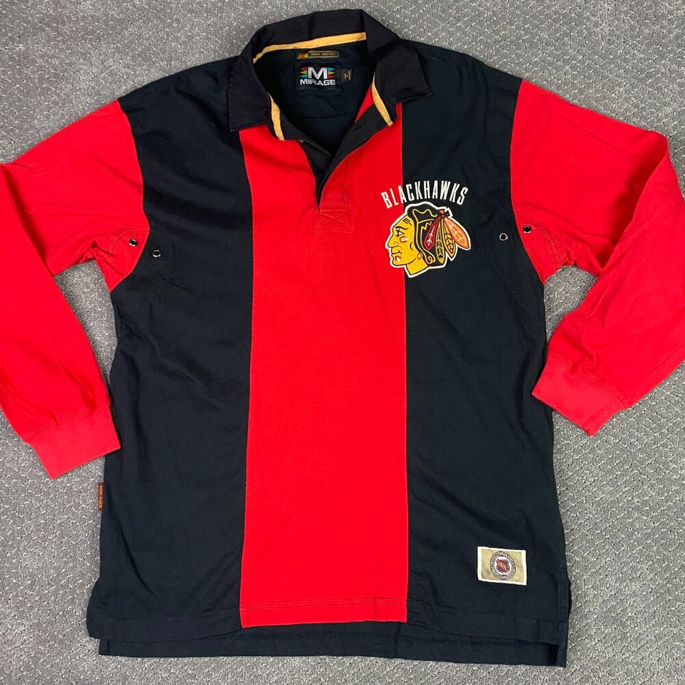 Vintage 90s Chicago Blackhawks Rugby Polo Shirt Men's Medium NHL Hockey